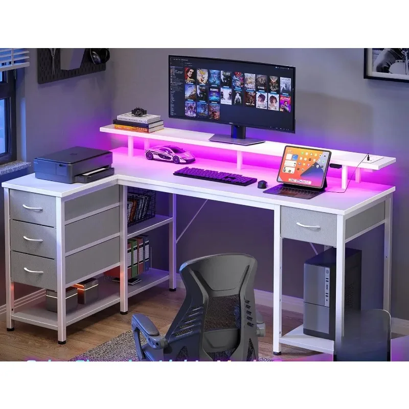 

L Shaped Computer Desk with Drawers, Gaming Desk with Power Outlets & LED Lights, Reversible Office Desk with Storage Shelves