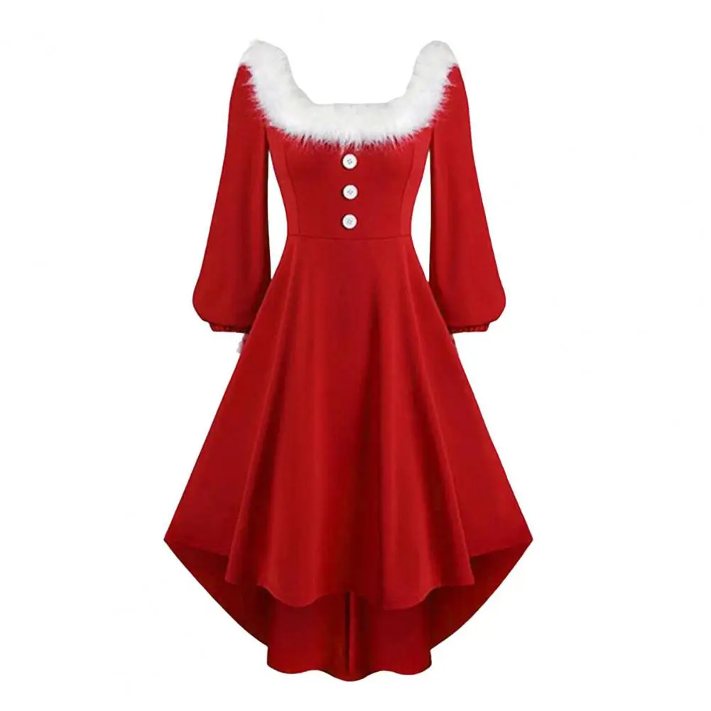 Christmas Performance Dress Fluffy Square Neck Pure Color A-line Irregular Hem Button Decor Festive Stage Show Santa Cosplay Cos