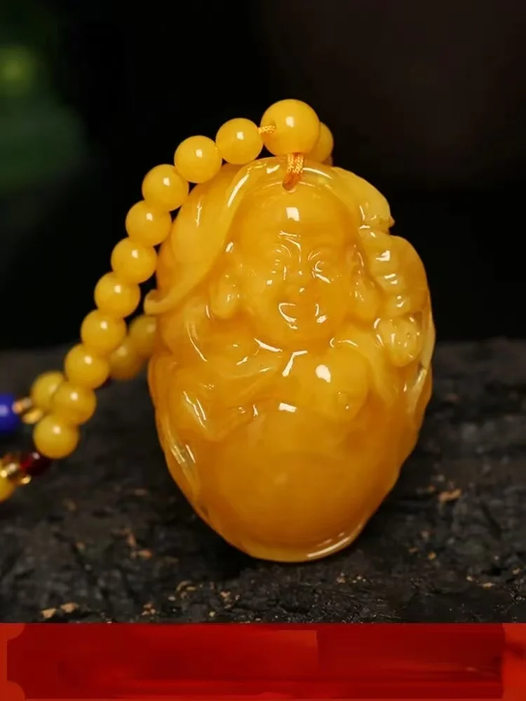 Vintage Natural Yellow Amber Laughing Buddha Pendant Carved Maitreya Buddha Necklace Amulet Unisex Fashion Jewelry Gift
