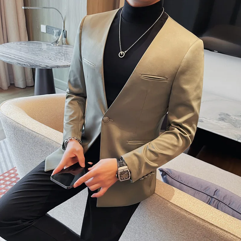 Luxury Solid Color Blazer Men Collarless Single Button Casual Business Suit Jacket Banquet Party Coat Uniform Wedding Social