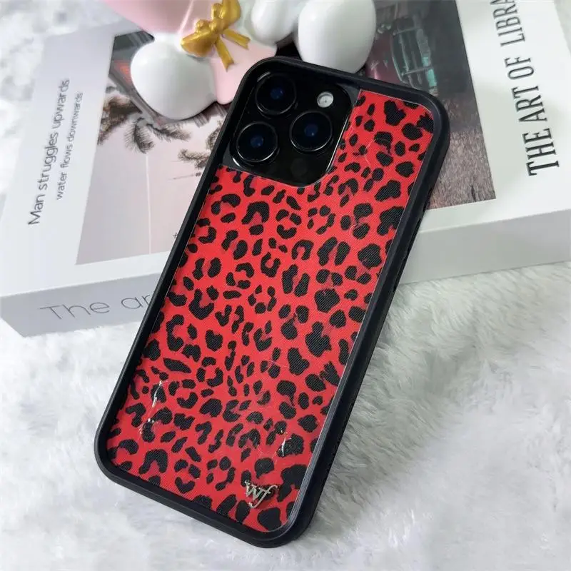 Wildflower ins Girls Red Meow Phone Case for iPhone 12 13 14 15 16 Pro Max Plus leopard print wf lovers Cute Cartoon Back Cover