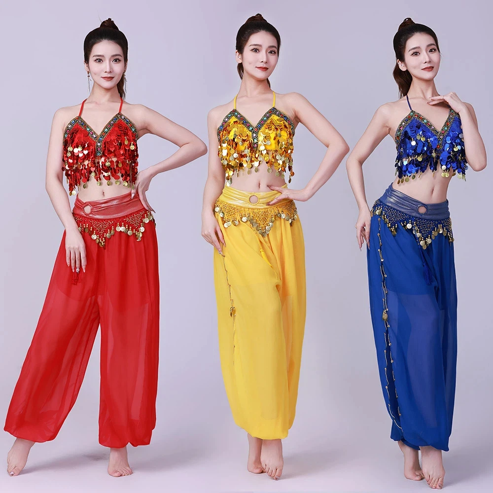Indian Dance Performance Costumes Stage Performance Costumes Halter Sequined Fringed Bra Sets Belly Dance Costumes Party
