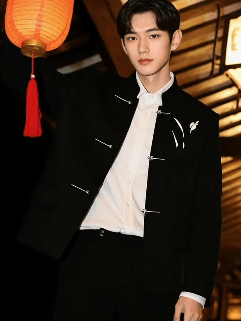 New Chinese Style Embroidered Stand Collar Suit Jacket Men's Wedding Ceremony Clothing Casual Long Sleeve Spring Fashion