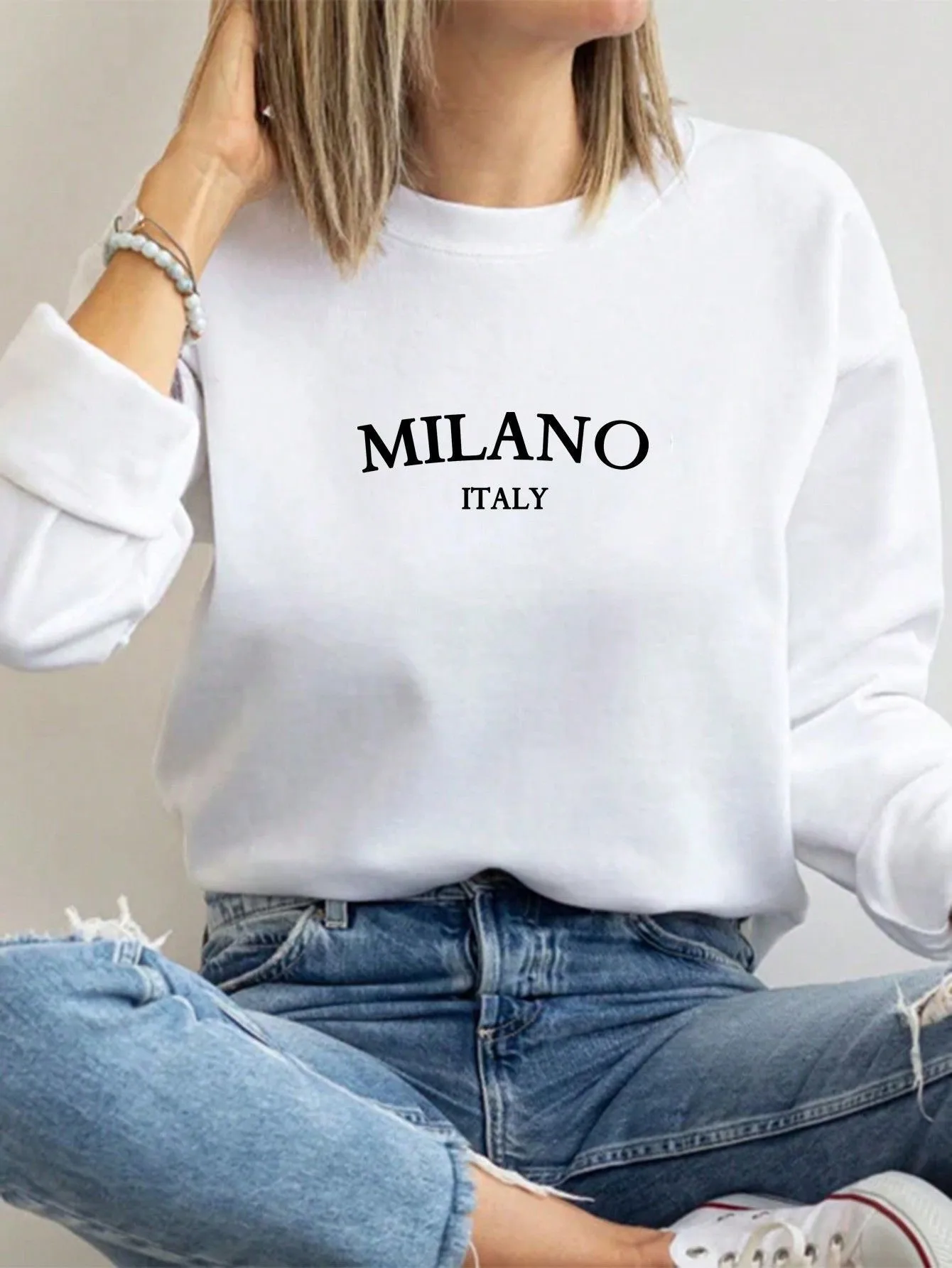 Casual Simple Milanese Print White Round Neck Loose Women\'s Sweatshirt Autumn And Winter Milano Italy