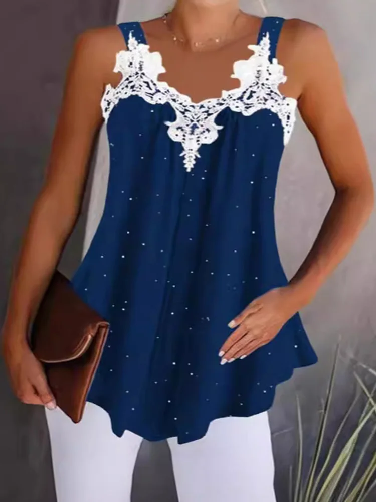 Luxurious Camisole Women V-Neck Sleeveless Lace Patchwork Solid Color Vest Summer Party Tank Tops