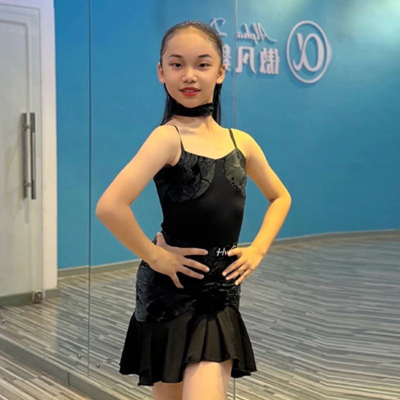 

Summer Latin Dance Costume Children Black Sleeveless Practice Set Girls Professional Performance Wear Training Clothes XH2473