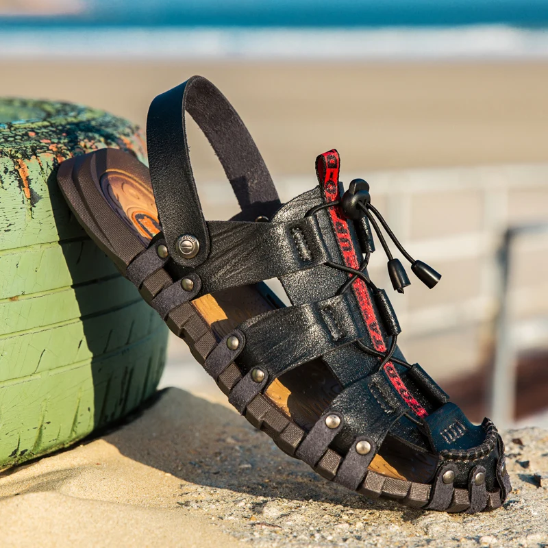 

Summer Men Sandals Genuine Leather Mens Casual Shoes Outdoor Men Leather Sandals for Men Beach Shoes Roman mens Shoes