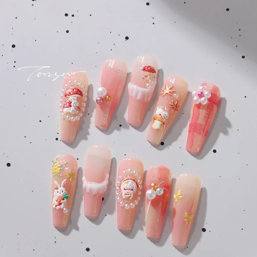 Lovely Rabbit Mushroom Bowknot Flower Butterfly 5D Reliefs Self Adhesive Nail Art Stickers Cute Strawberry Bunny Manicure Decals