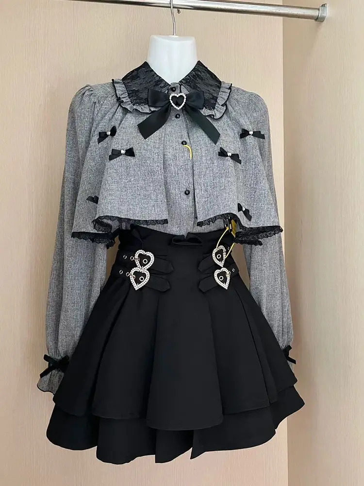Nieuwe Japanse Stijl Leuke 2-delige Sets Vrouwen Zoete Korte Cape Sjaal Patchwork Shirt + Rok Pak Vrouwen Y2k Elegant Design Kleding