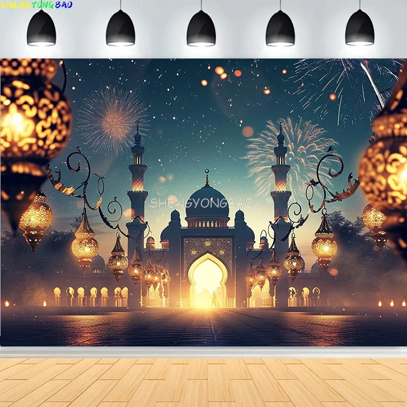 Ramadan Shiny Golden Crescent Moon Lanterns Background Eid Mubarak Arabic Islamic Mosque Palace Photography Backdrops MO-04