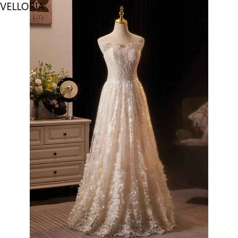 

Gorgeous Prom Dress Champagne Strapless Beaded Sequins Evening Gown Handmade Flowers Party Dress Vestdos De Fiesta Customized