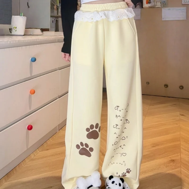 

Повседневные свободные длинные брюки в японском стиле Kawaii, широкие брюки с кружевной вышивкой и милым щенком, осень-зима, уличная одежда Y2k