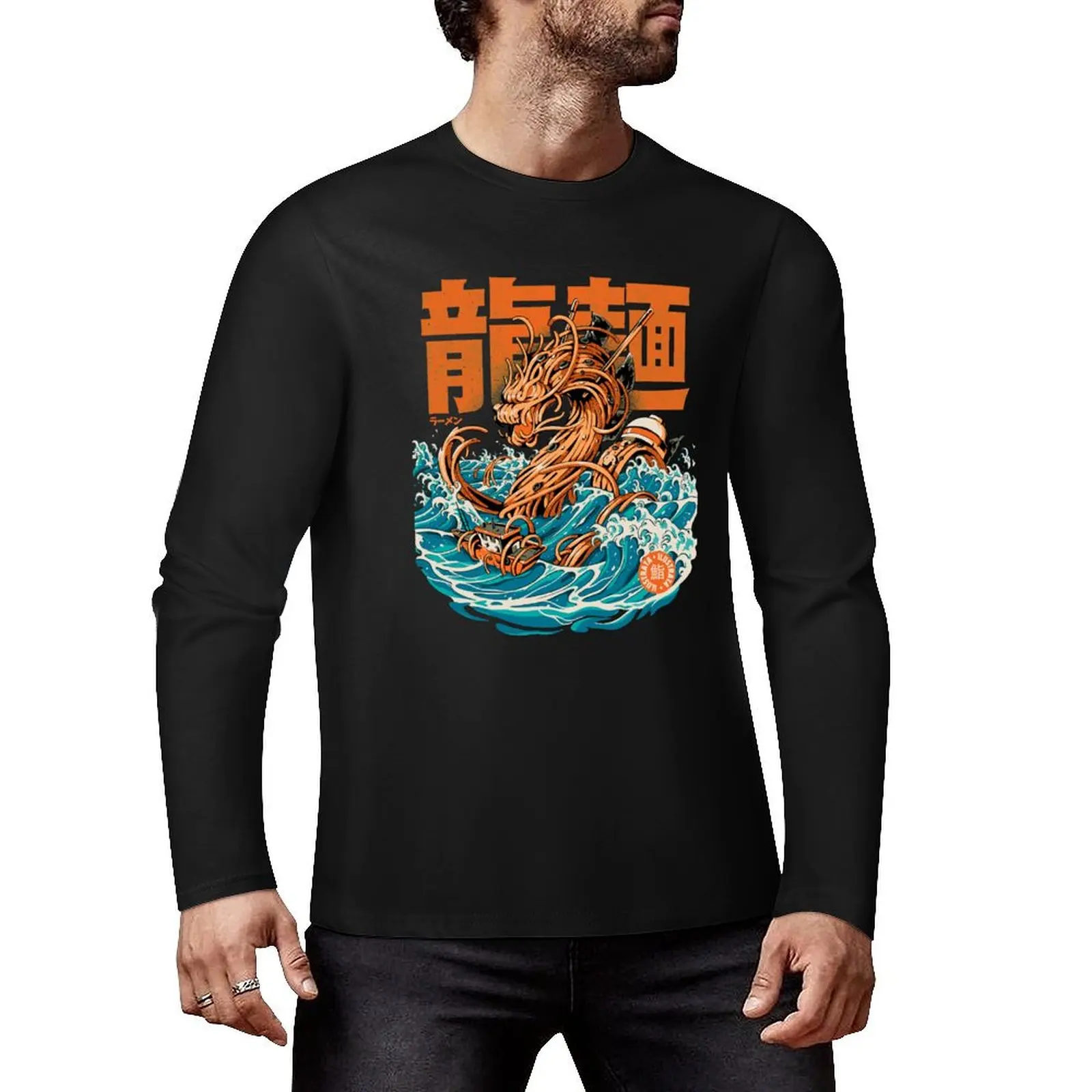 Black Great Ramen Dragon off Kanagawa Long T-Shirt Oversized t-shirt aesthetic clothes Men's t-shirt