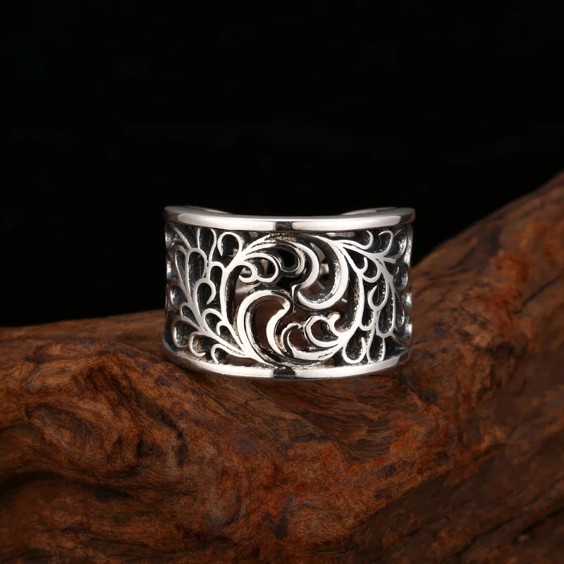 S925 Sterling Silver Flower Adjustable Ring Punk Style Old Process Free Size Women Rattan Fine Jewelry FYRNG157