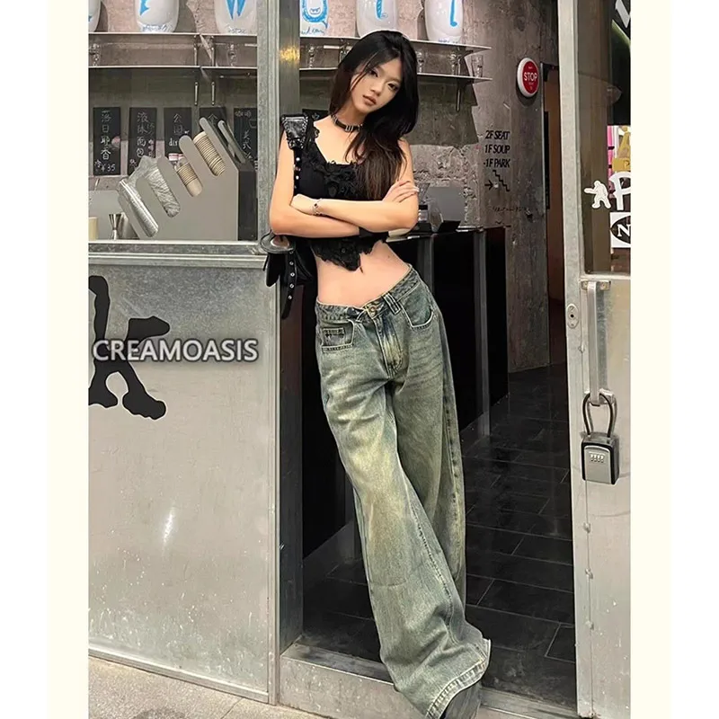 Blue Women's Jeans Hip-hop Fashion Vintage Streetwear Y2K Wide Leg Straight Jean High Waist Trouser Classic Baggy Denim Pants