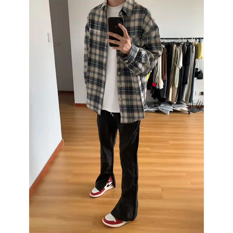 

Мужская рубашка в американском ретро-стиле в клетку с длинными рукавами, весенне-осенняя, модная, с защитой от солнца, свободного кроя, молодежный тренд