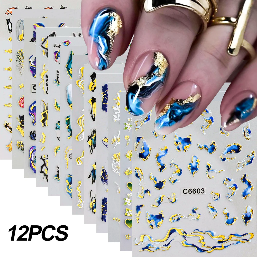 12 sheets Golden Blue Marble Nails Stickers Ocean Wave Lines Smoke Design Manicure Decals Nail Slider Blooming Ink Sticker