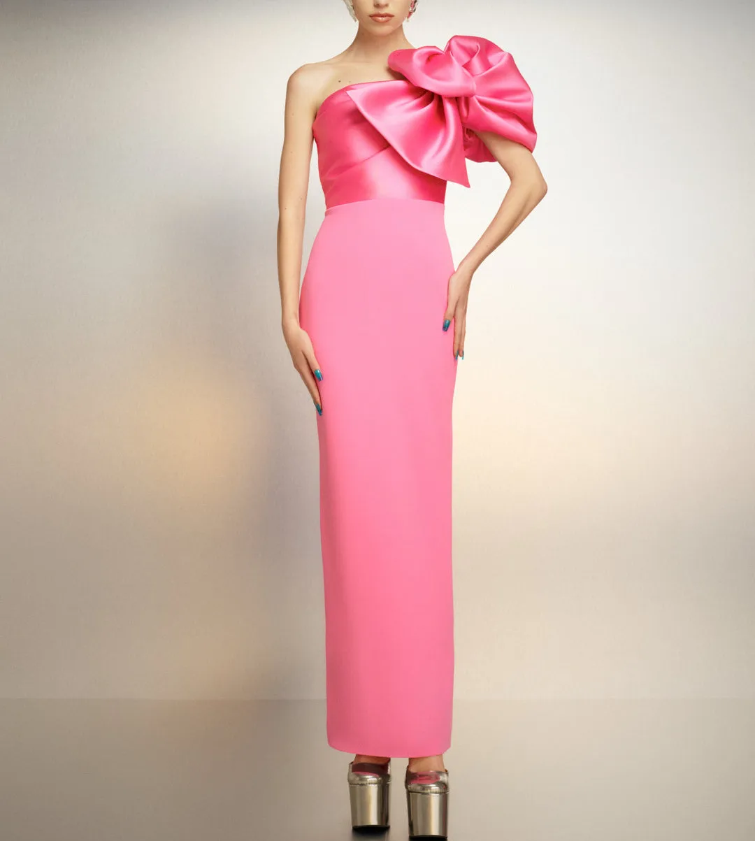 Aangepaste korte roze crêpe avondjurken met split/boog één schouder enkellange watteau trein bruiloftsgastjurk voor dames