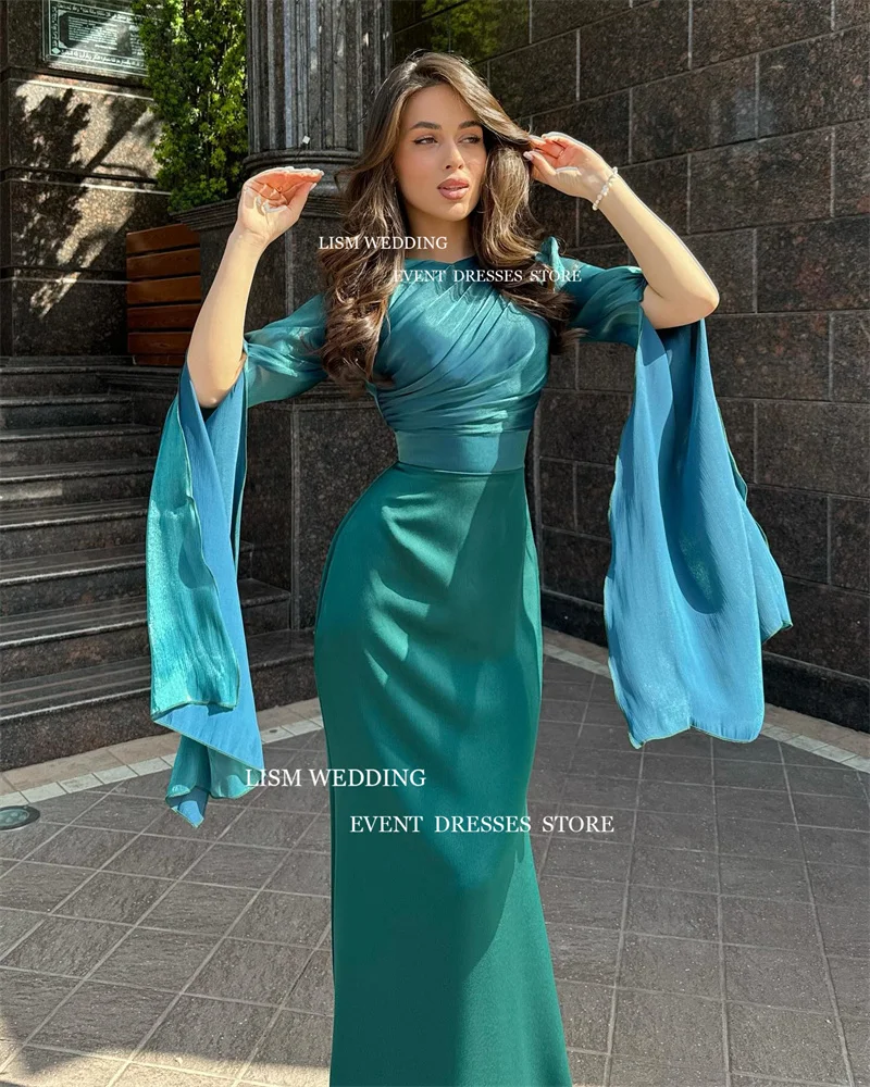 LISM Modest Hunter Evening Dresses Dubai Arabic Women Long Sleeves O-Neck Floor Length Formal Occasion Gowns Vestidos de fiesta