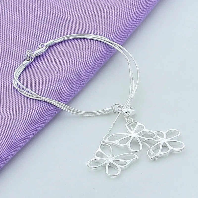 

925 Sterling Silver Bracelet Three Butterfly Snake Chain Women's Fashion Simple Bracelet Birthday Party Wedding Jewelry Gift