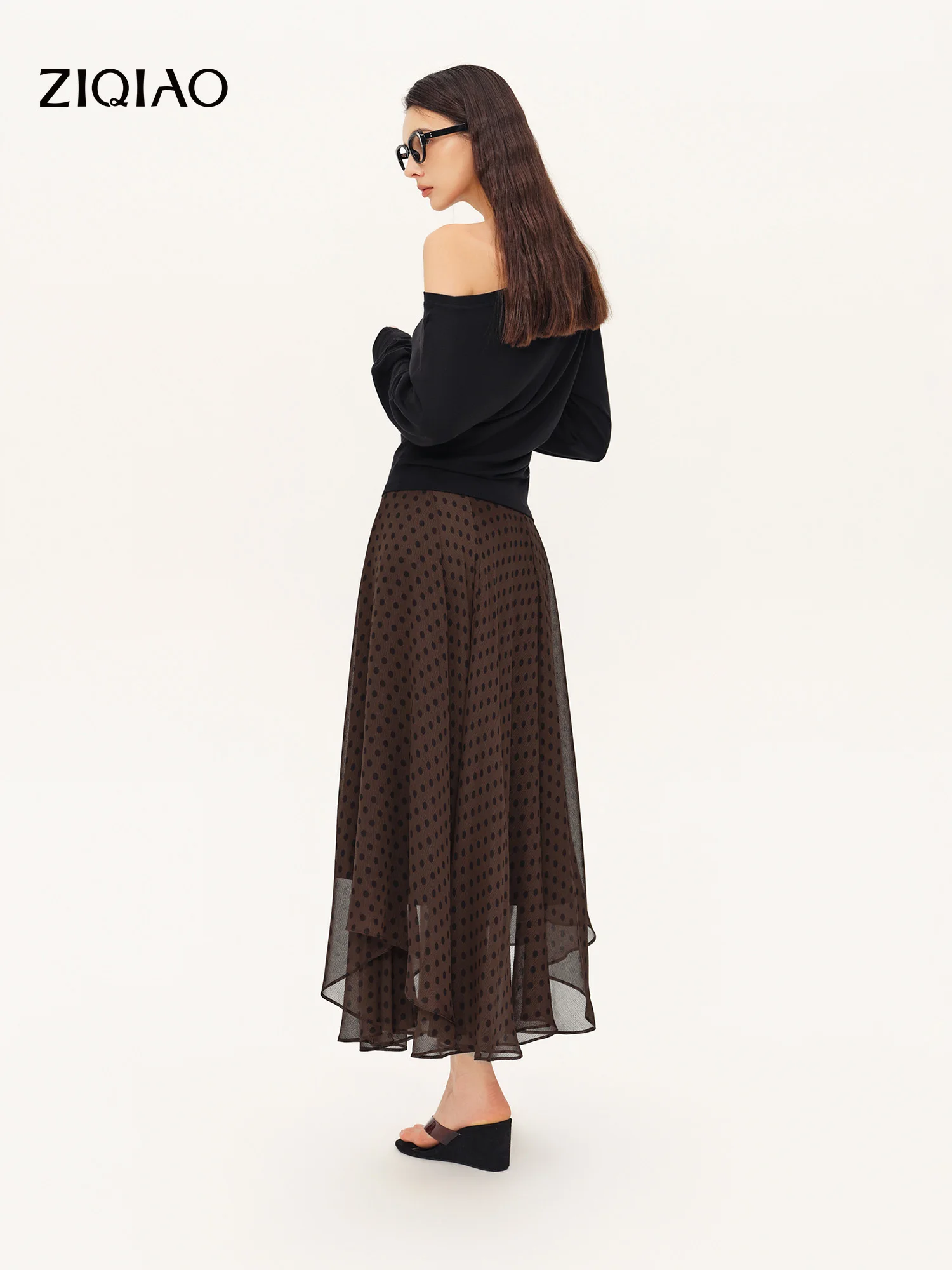 ZIQIAO 2026 Fall Women's Vintage Polka Dot High Waist A-Line Maxi Skirt with Full Flare - Elegant Retro Style for Daily Wear