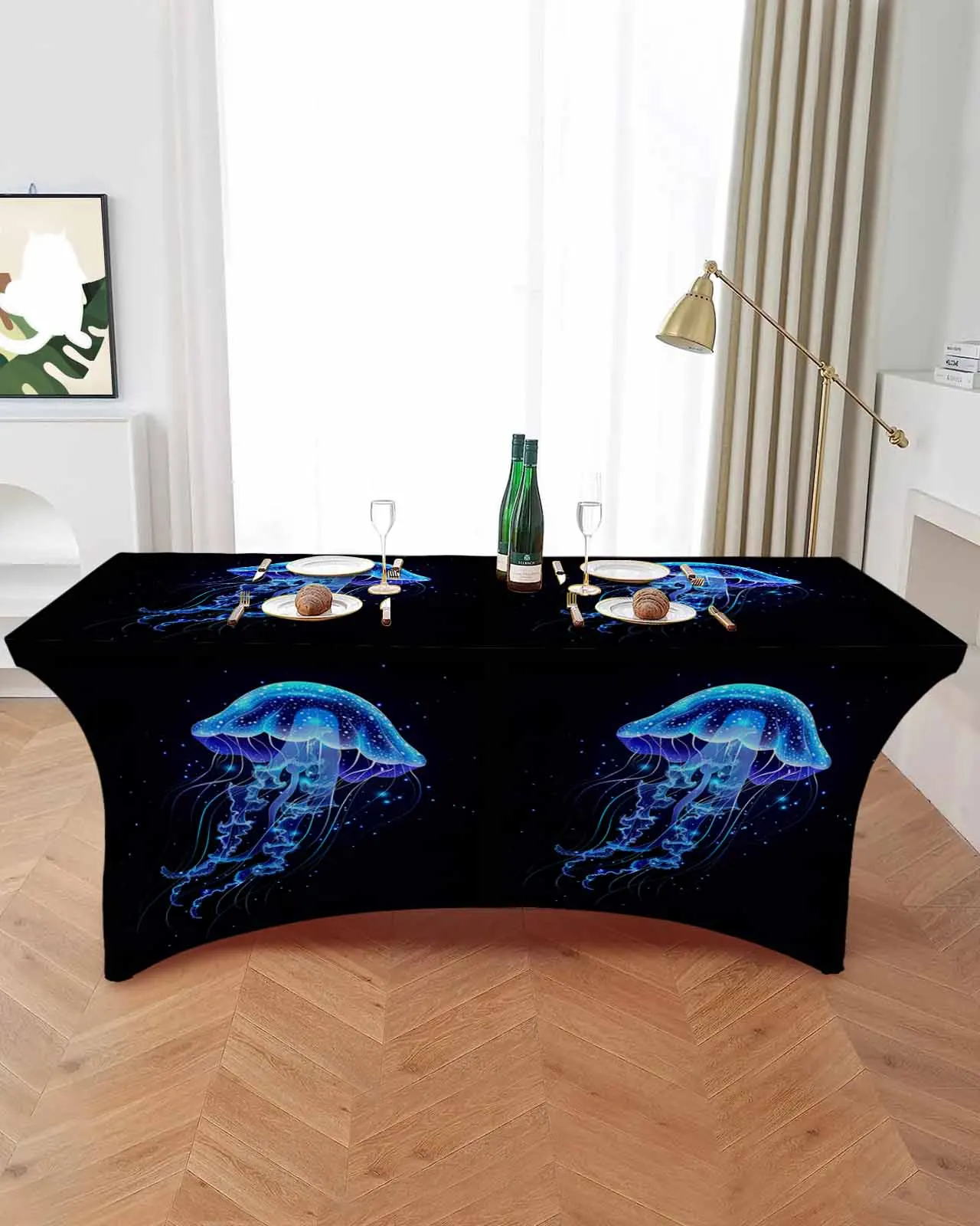 Jellyfish Ocean Lines High Stretch Tablecloth Wedding Party Decor Elastic Print Table Cover Outdoor Table Cloth