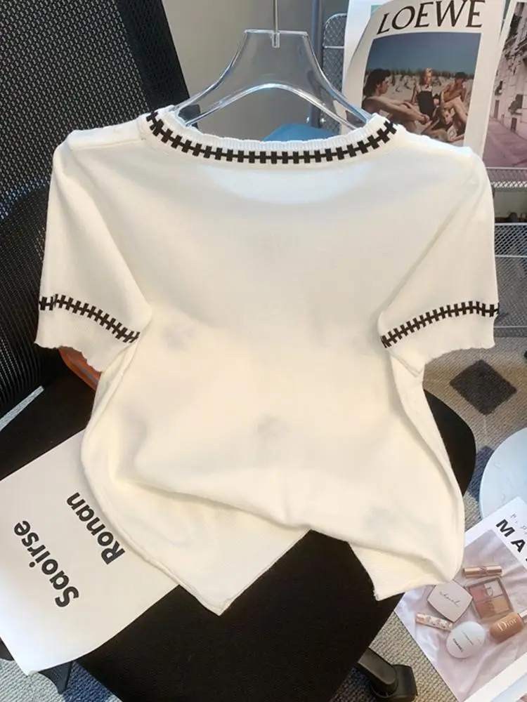Luxury Floral Embroidery Knit Sweater Women Summer Short Sleeve Tops Design Knitted T-shirts Office Lady's Tees White Pink Shirt 4