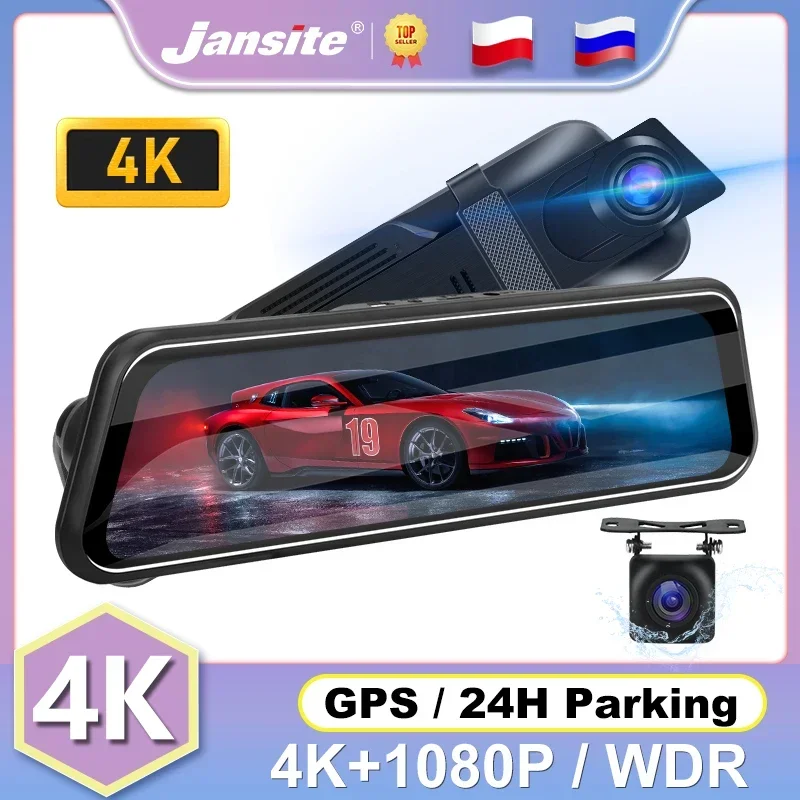 

Jansite 10" Car DVR 4K+1080P Dash cam Touch Screen Stream Media 2160P Dual Lens Rear View Mirror Time-lapse Video Backup Camera