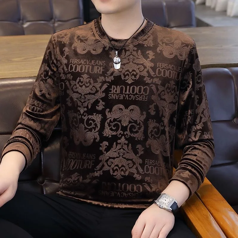 Fall New Velvet Gold Velvet Ruihua Pattern Casual Men's Long Sleeve Crew Neck T-Shirt