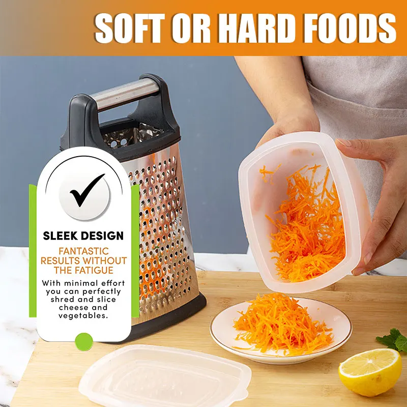 

D2 Stainless Steel Box Cheese Grater With Container 4 Side Box Grater Handheld Kitchen Food Shredder for Vegetable Ginger Cutter
