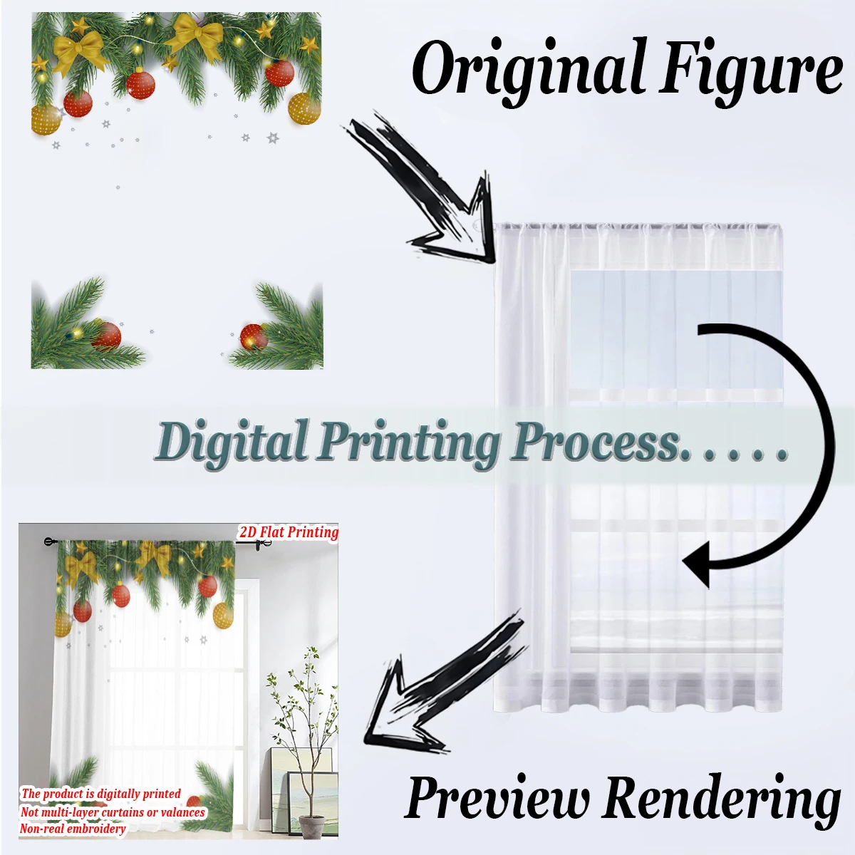 Christmas Flat Printing Sheer Curtain with Christmas Ball Bow Star Pine Branch for Living Room Bedroom Decor Holiday Party