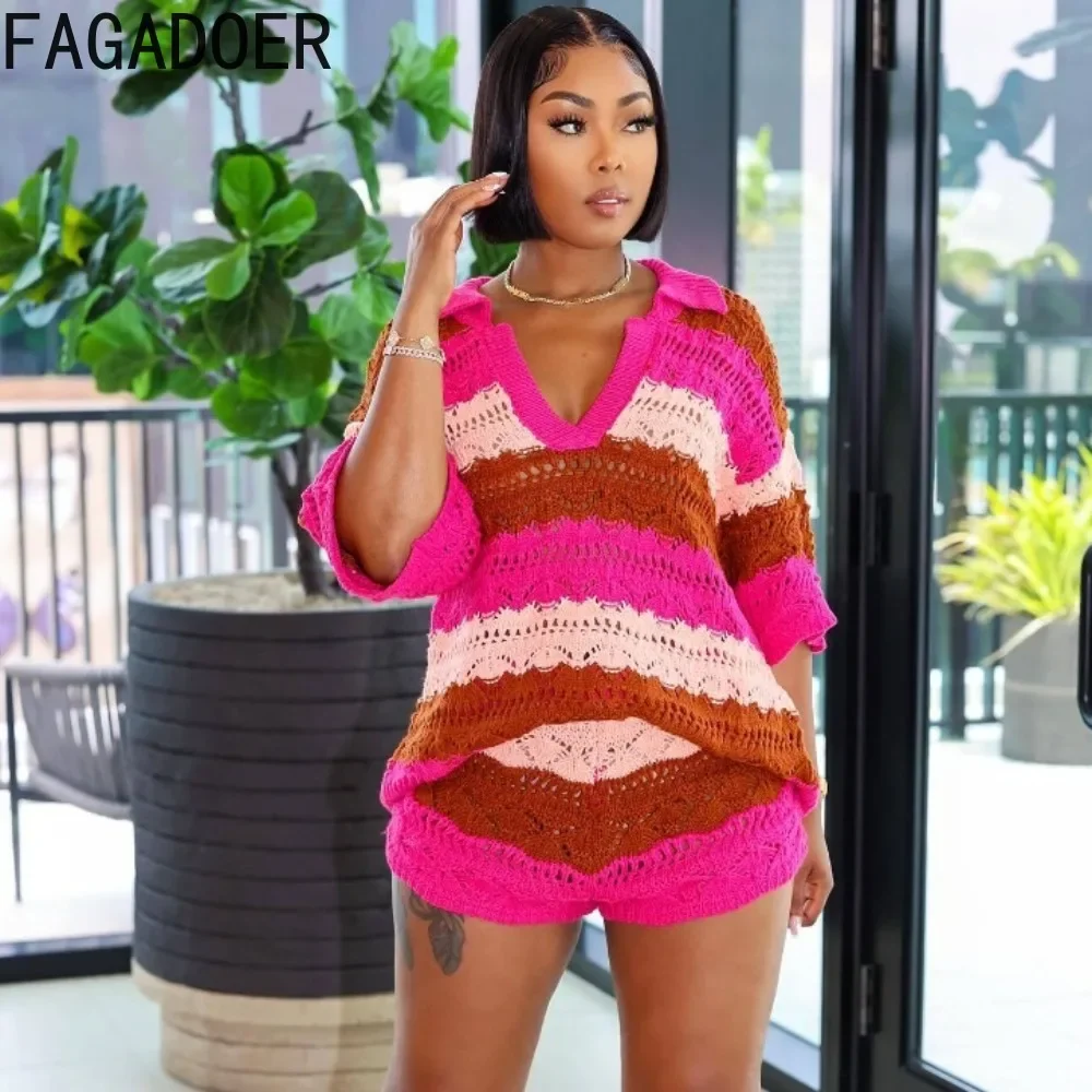 FAGADOER Rose Spring New Knitted Splicing Two Piece Sets Women V Neck Long Sleeve Top and Shorts Outfits Female 2pcs Clothing