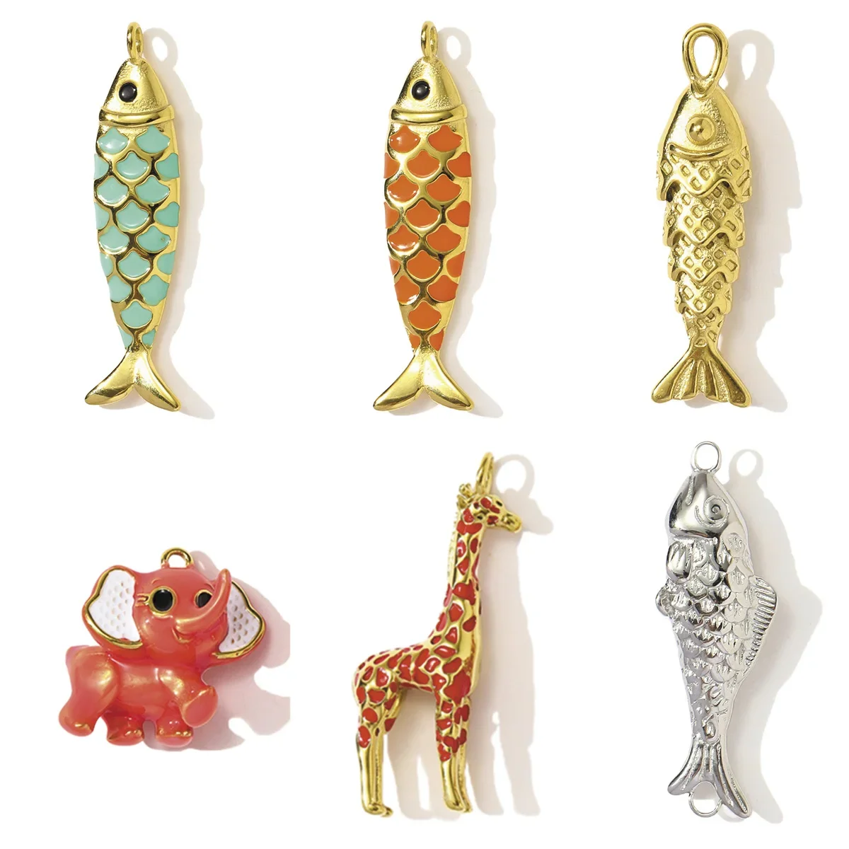 3 teile/los 3D Edelstahl Emaille Elefant Giraffe Halskette Anhänger Emaille Glück Fisch DIY Ohrring Charms Frau Tier Schmuck