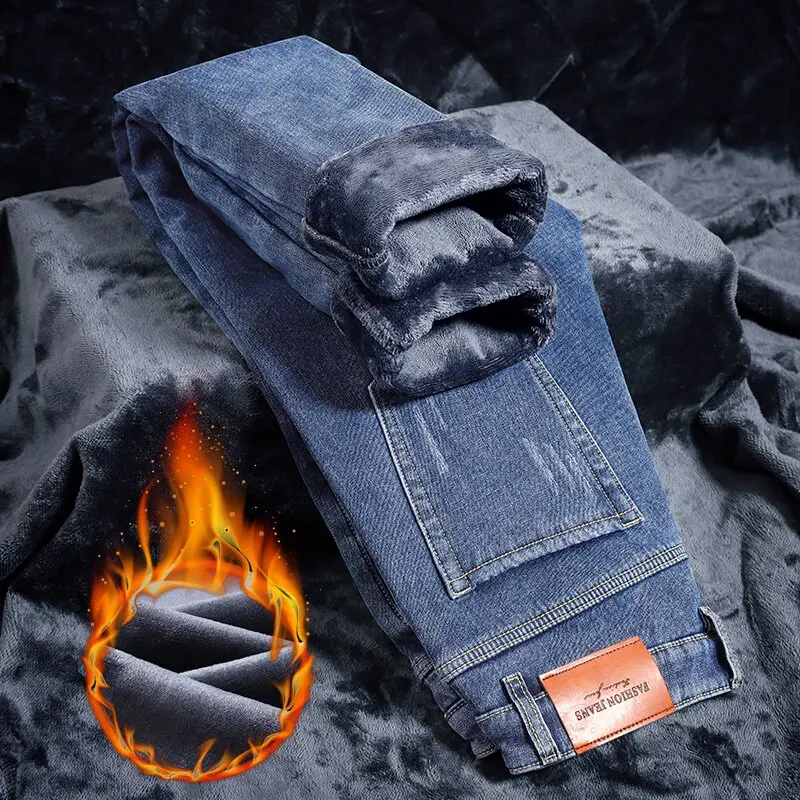 Celana Jeans Pria Berkualitas Tinggi, Model Lurus, Elastis, Warna Solid Modis Musim Dingin, Berbahan Fleece Tebal dan Hangat, Cocok untuk Olahraga Kasual