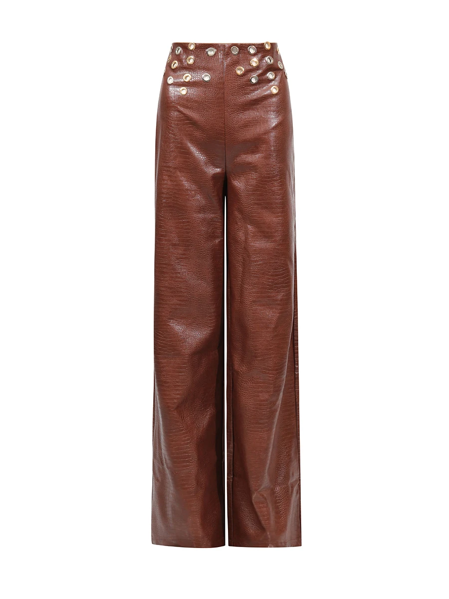 TWOTWINSTYLE Solid Hollow Out Spliced Metal Ring Two Piece Sets for Women V Neck Sleeveless Vest High Waist Pant Set Female New