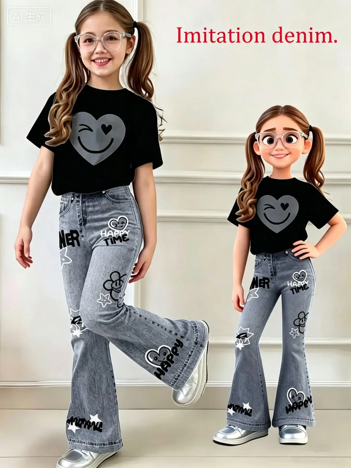 Girls' Summer Casual Outfit: T-Shirt with Heart and Smiley Face Print + Faux Denim 
