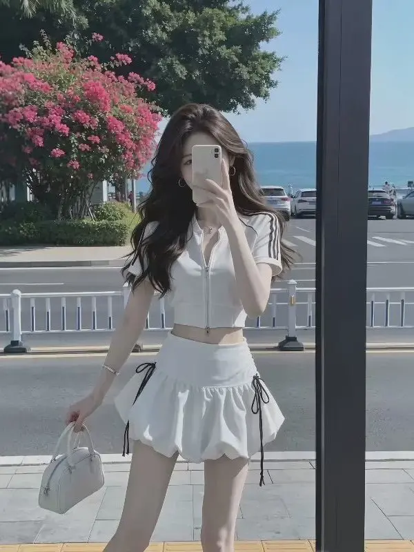 

Spring Summer Women's Sporty Sweatshirt Jacket High Waist Flower Skirt Set Short Sleeve Zipper Decorated Breathable Casual Wear