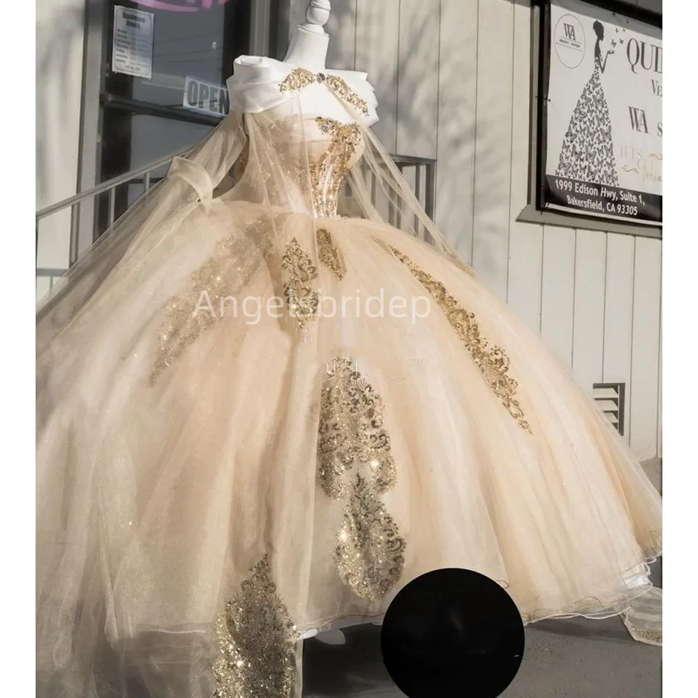 Angelsbridep Customized Shiny Champagne Tulle Princess Quinceanera Dress Ball Gown Gold Appliques Sweet 16 Vestido 15 De Años