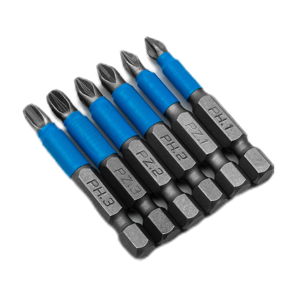 6Pcs Non-Slip Magnetic Screwdriver Bit Set 50mm Hex Shank PH1/PH2/PH3/PZ1/PZ2/PZ3 Screwdriver Drill Bit Power Tools Accessories