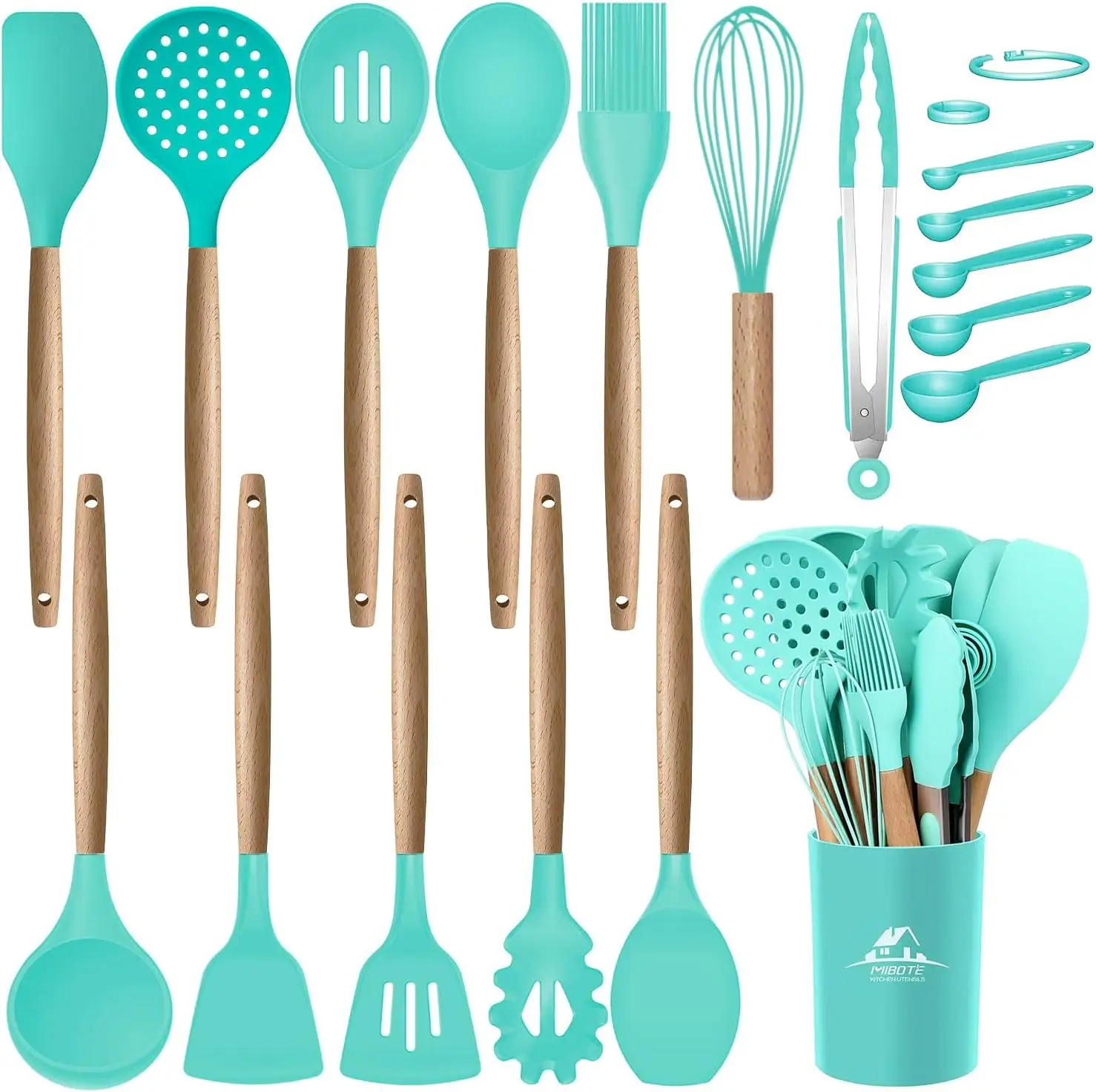 

Silicone Cooking Kitchen Utensils Set with Wooden Handles, BPA Free Turner Tongs Spatula Spoon, Nonstick Cookware Safe, Heat