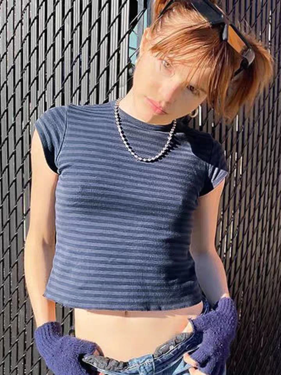 Classic New Striped Slim T-Shirt Summer O-Neck Short Sleeve Deep Blue Retro Tee Tops for Woman Clothing Streetwear Vintage Top