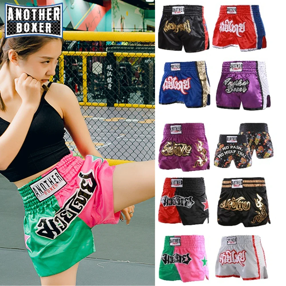 

Боксерские шорты ANOTHERBOXER для мужчин, женские шорты для тайского бокса с вышивкой, детские шорты для ММА на заказ, быстросохнущие, в различных цветах