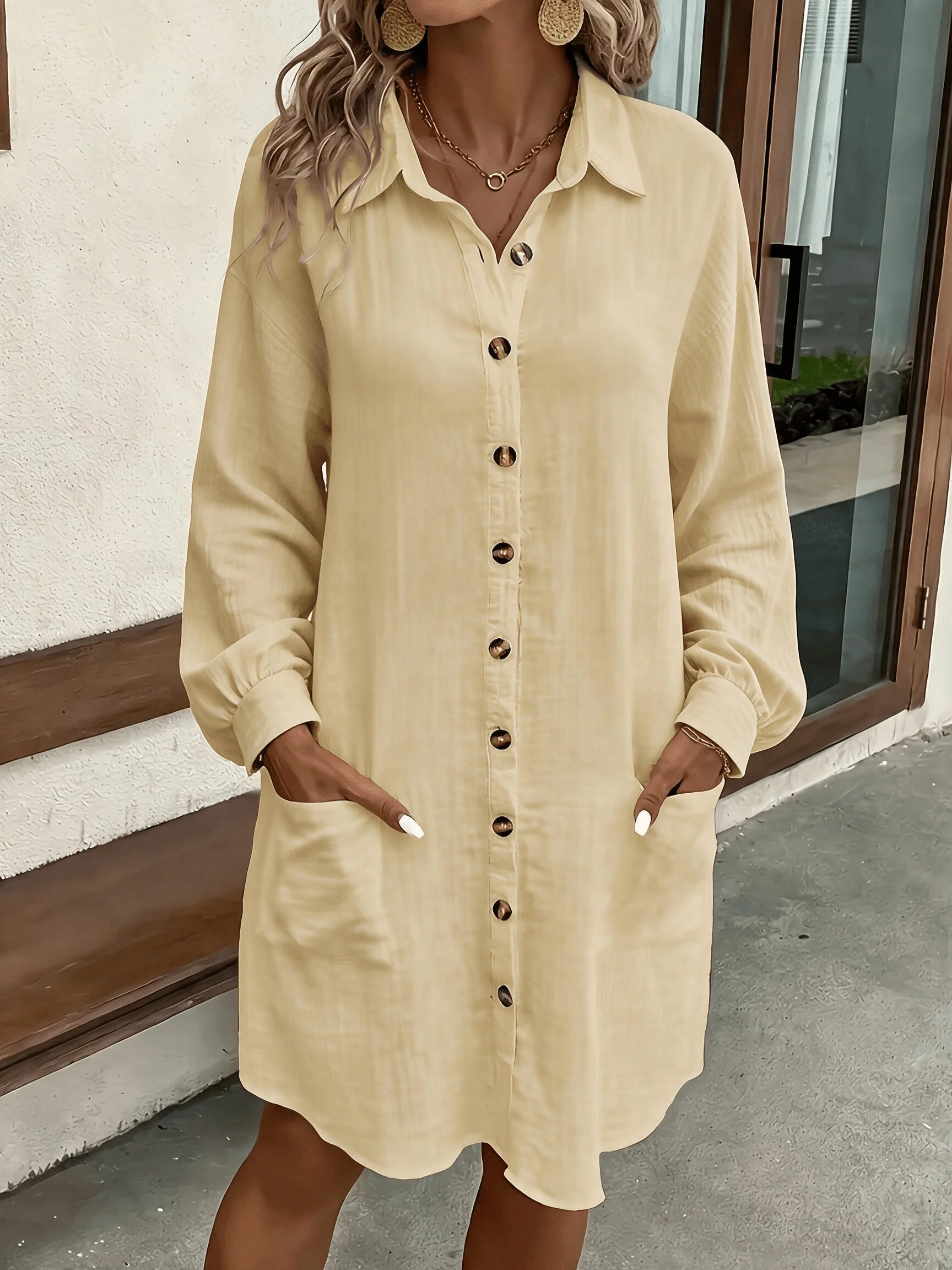 Frühling Sommer Damen Hemdkleid mit Umlegekragen, Locker Geschnittenes Übergroßes Midi-Kleid mit Knopfleiste und Seitentaschen, Lässiges Strandkleid – Detail 7