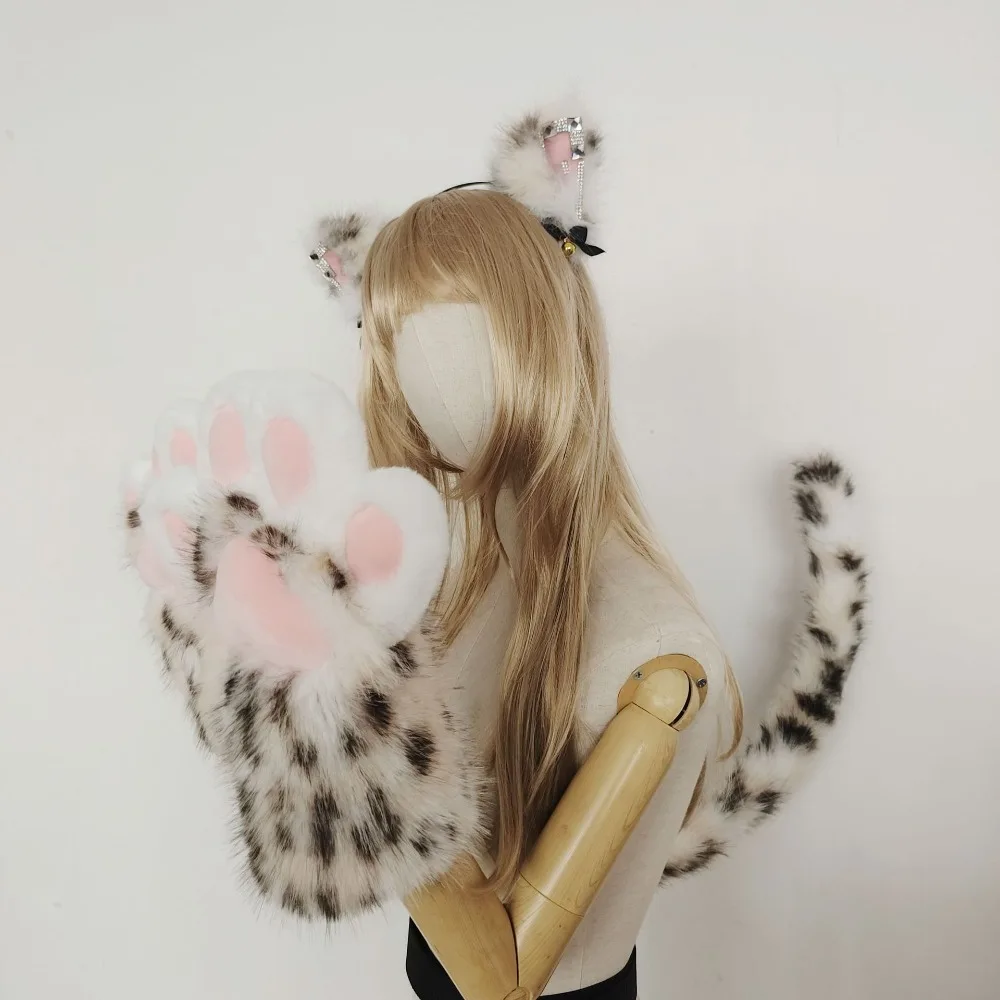 Archi Handwork Cat Leopard Ears Headband Tail Paw Gloves Set Furry Fursuit Plush Headwear Tail Cosplay  Accessories Props