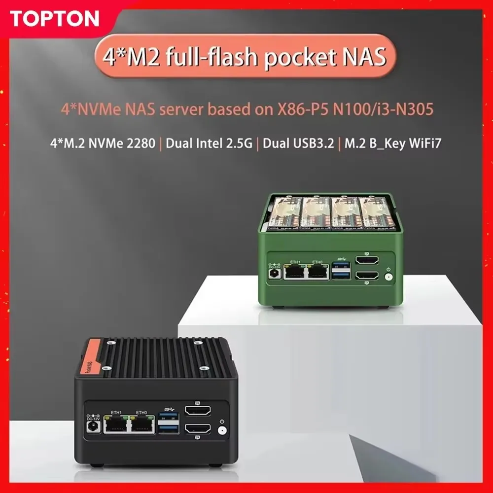 ใหม่ X86-P5 Pocket NAS คอมพิวเตอร์ Intel 3 N355 N305 N150 N100 2xi226-V 2.5G DDR5 4xM.2 NVMe Firewall Router Mini PC 2xUSB3.2 2xHD