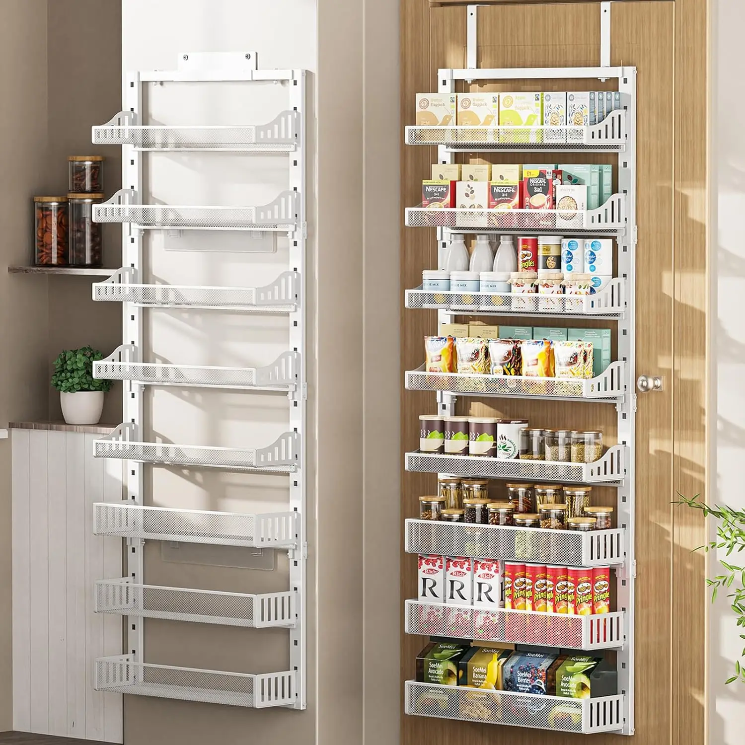 

8-Tier Over Door Pantry Organizer, Adjustable Metal Spice Rack with Wall Mount Option for Kitchen and Bathroom, White