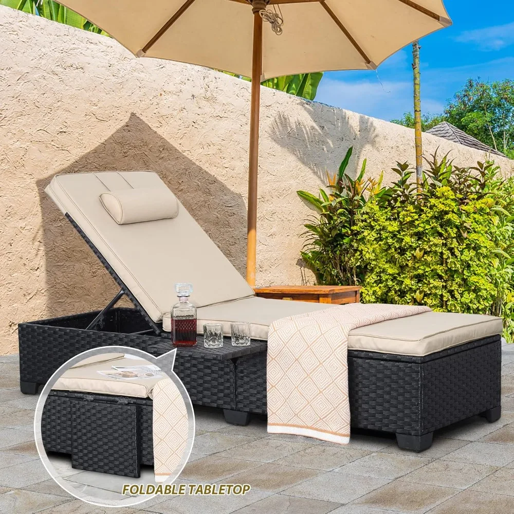 Outdoor PE Wicker Chaise Lounge Chairs Set of 2 Patio Black Rattan Reclining Chair Adjustable Backrest Pool Sunbathing Recliners