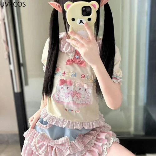 Imagen 2 del producto Conjunto de falda estilo japonés Kawaii Lolita para mujer, camiseta de manga corta con estampado de gato y agradable arco, minifaldas bonitas de pastel, traje de falda Harajuku Y2k