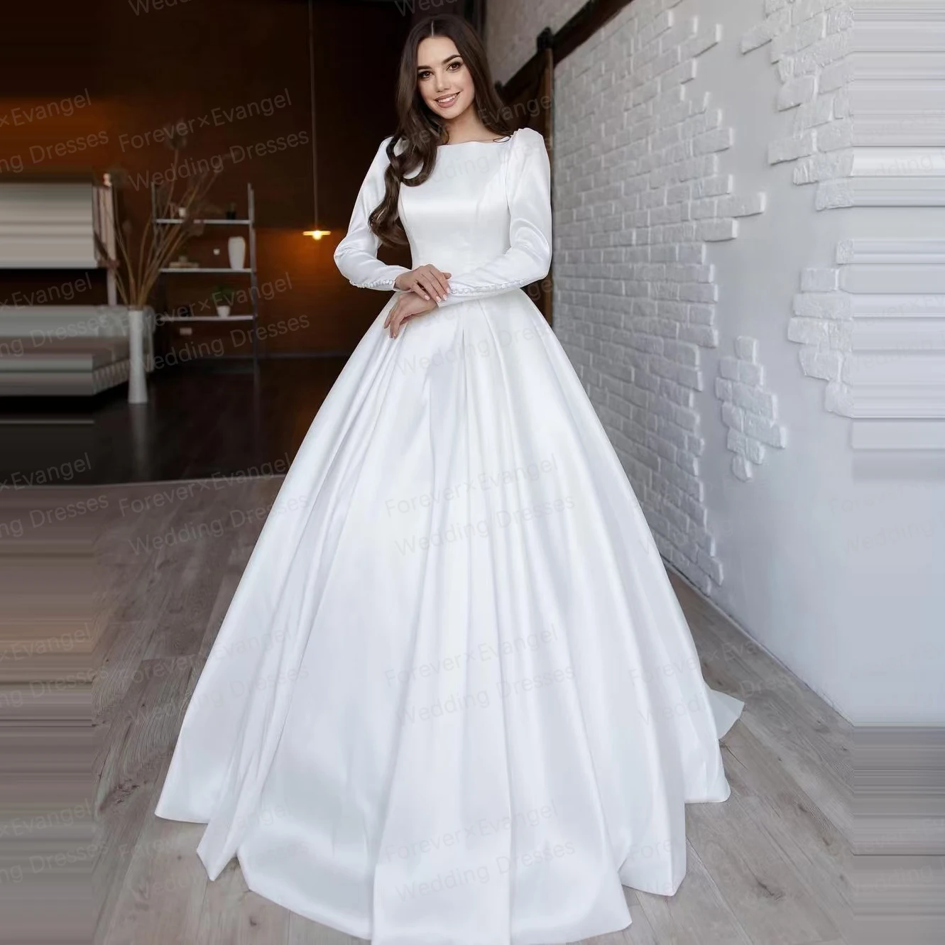 

Formal Wedding Dresses 2024 A Line Woman's Sexy Backless Appliques Long Sleeve Satin Bride Gowns Elegant Vestidos Robe De Mariée