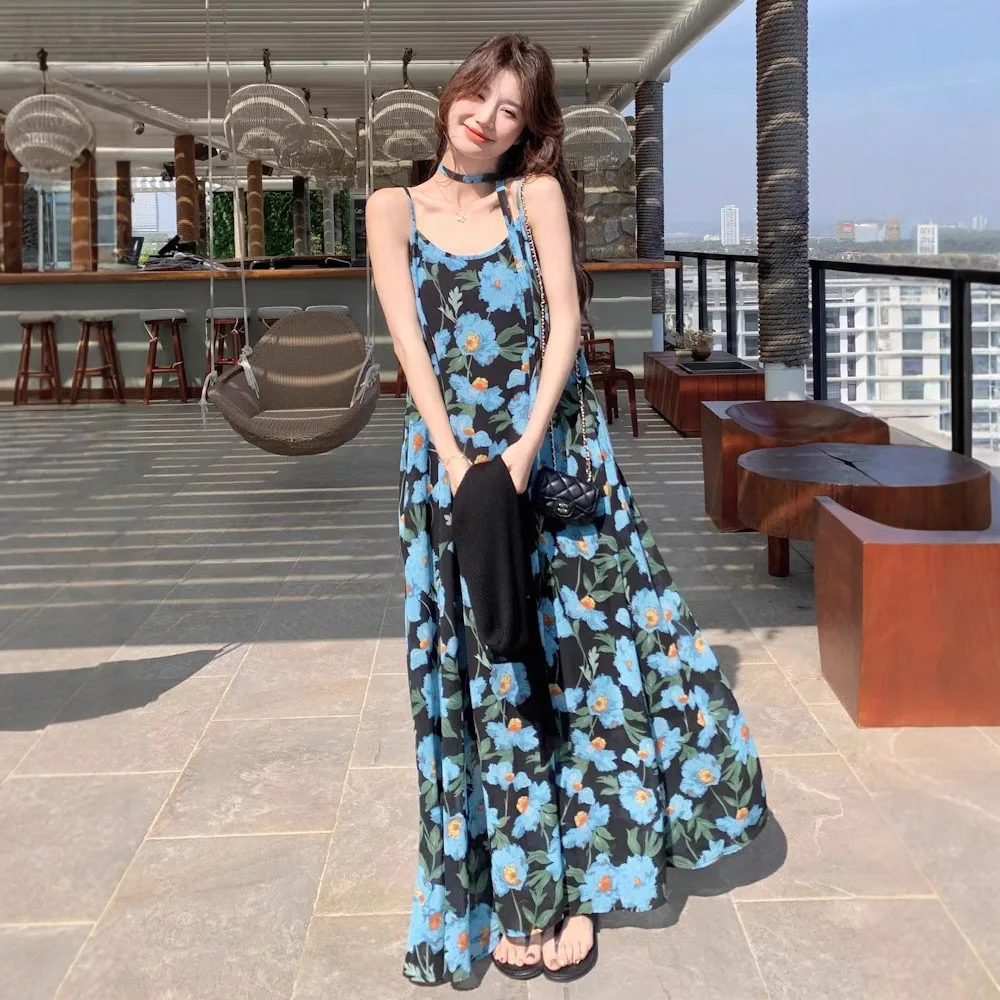 

Summer Blue Floral Dress Suspender Long Dress Seaside Vacation Beach Dress